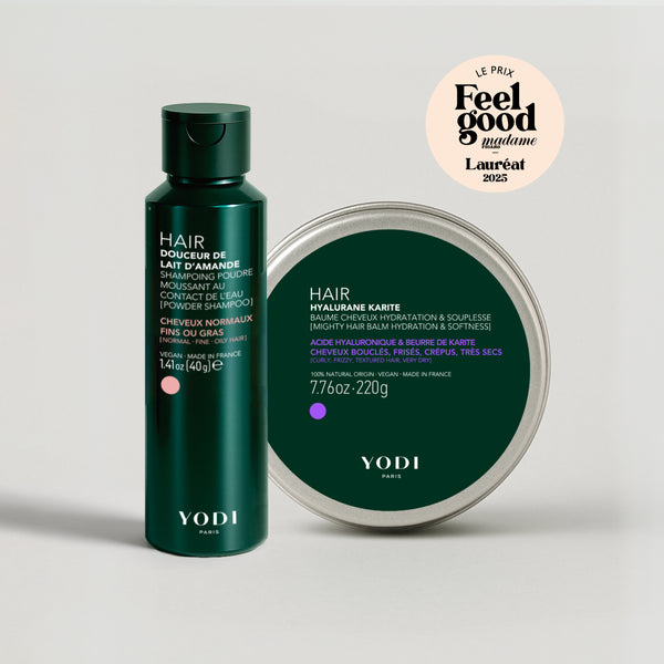 Routine Cheveux Hydratation & Souplesse Yodi, prix Feel Good Madame Figaro : shampoing Lait d'Amande et Baume Hyalurane Karité