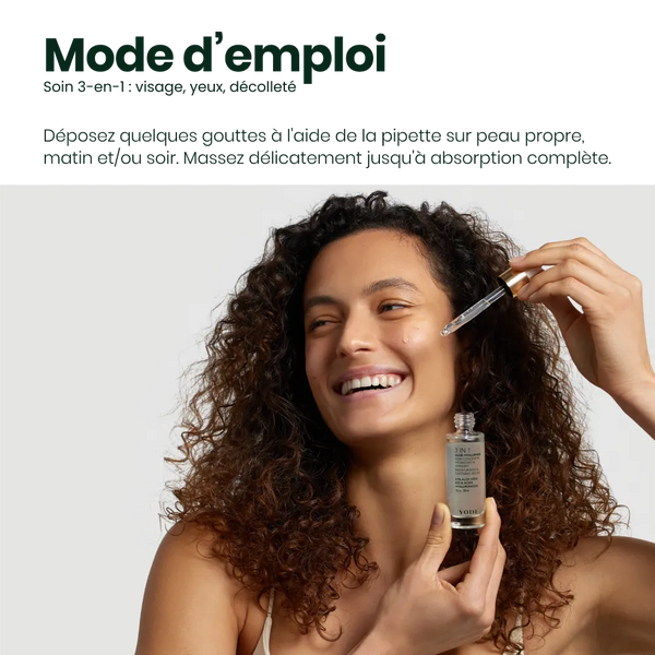 Mode d'emploi du Sérum Aloe Hyalurane 3-en-1 : quelques gouttes sur peau propre, visage, yeux et décolleté