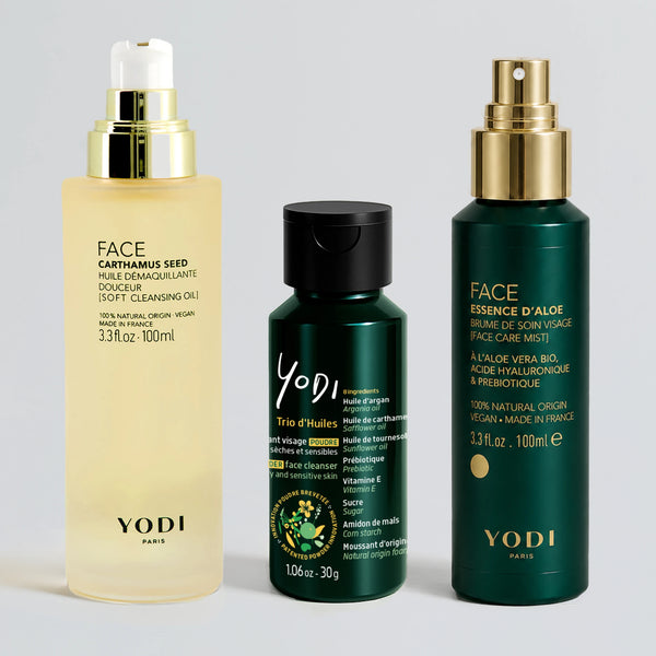 Routine Visage Double Nettoyage Tonifiant Yodi : Huile Démaquillante, nettoyant trio d'huiles et Brume Essence d'Aloe