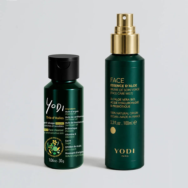 Routine Nettoyage Tonique Yodi : nettoyant visage au trio d'huiles et Brume de soin Essence d'Aloe