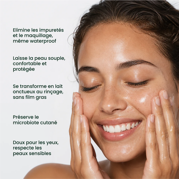 Bienfaits de l'Huile Démaquillante Douceur à la Carthame Bio : démaquille même le waterproof et se transforme en lait
