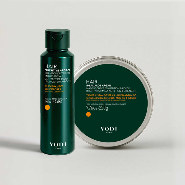 Routine Cheveux Nutrition et Protection Yodi : shampoing en poudre Nutritive Argan et Masque Idéal Aloe Argan