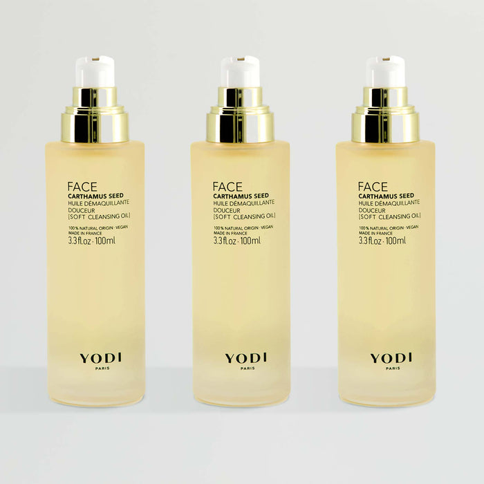 Trio d'Huiles Démaquillantes Douceur à la Carthame Bio Yodi, flacons pompe 100 ml