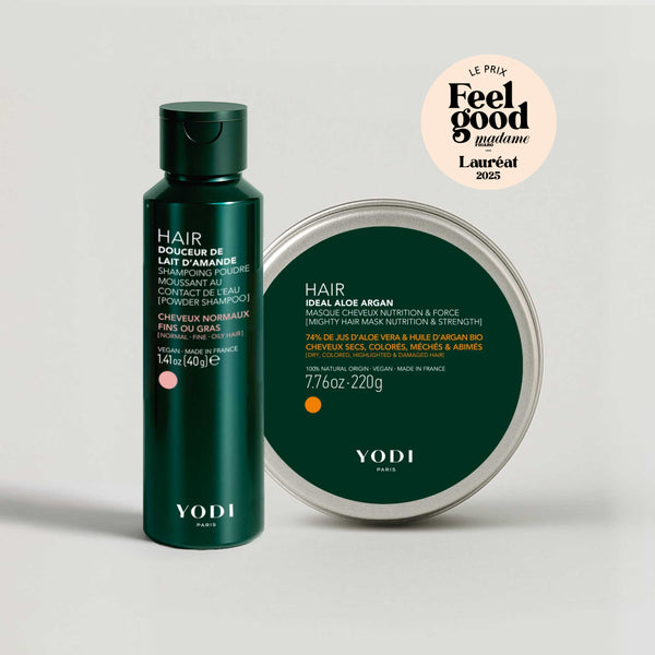 Routine Cheveux Force & Brillance Yodi, prix Feel Good Madame Figaro : shampoing Lait d'Amande et Masque Idéal Aloe Argan