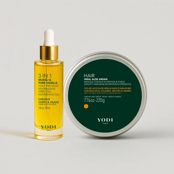 Routine Cheveux Belles Pointes Yodi : Huile Précieuse Muesli & Pure Vanille et Masque Idéal Aloe Argan