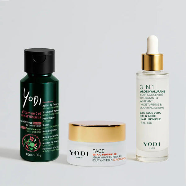 Routine Éclat & Hydratation Boost Yodi : nettoyant vitamine C, sérum Vita C Peptide 10 et Sérum Aloe Hyalurane